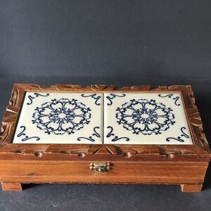 VGT,Mexican Brown Wooden/Tile Decorative Trinket Box.